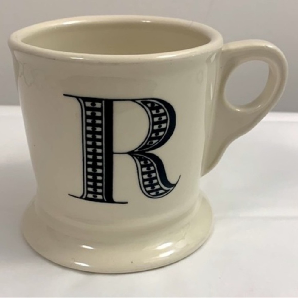ANTHROPOLOGIE Initial Monogram 'R' Ceramic Coffee Mug Tea Cup off white black